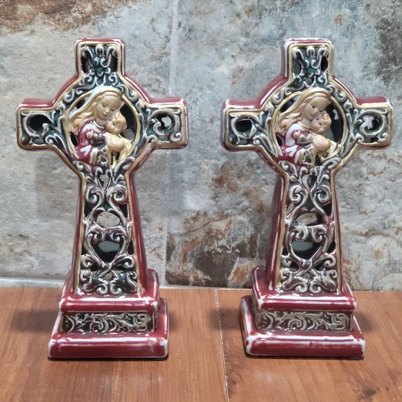 Vintage Ceramic Cross Mary and Baby Jesus Tea Light Candle Holder